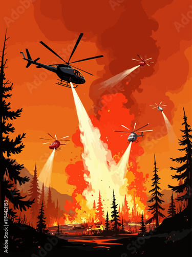 A dramatic and intense scene set against a smoky orange sky, where multiple helicopters, ranging from sleek black to bold red and silver