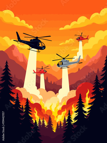 A dramatic and intense scene set against a smoky orange sky, where multiple helicopters, ranging from sleek black to bold red and silver