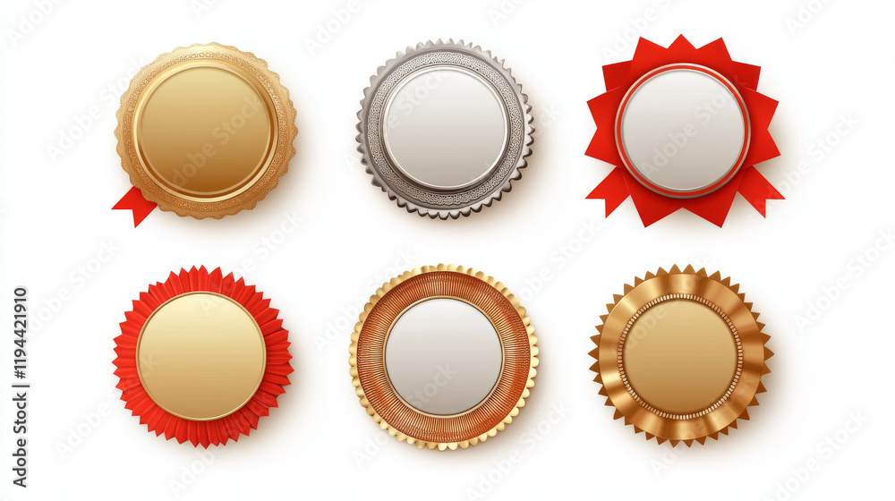 Gold, silver, bronze medal mockups set isolated on white background. Vector realistic illustration of blank round medallions on red ribbon, sports winner award, game success, guaranteed quality emblem Gold, silver, bronze medal mockups set isolated on white background. Vector realistic illustration of blank round medallions on red ribbon, sports winner award, game success, guaranteed quality emblem