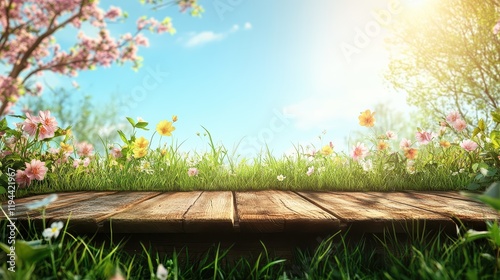 Sunny spring garden with colorful flowers and wooden pathway