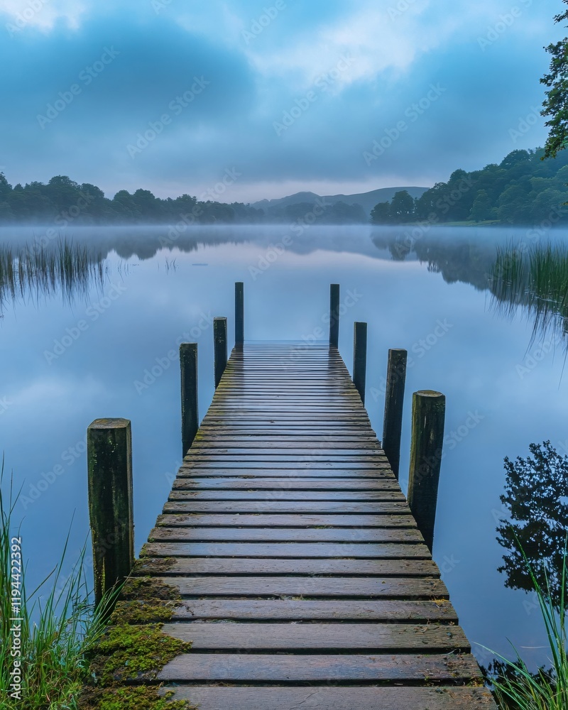 Naklejka premium Serene Misty Lake Wooden Dock Tranquil Dawn Peaceful Nature Escape