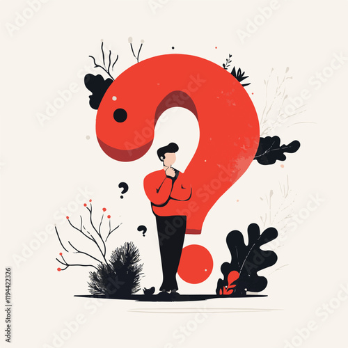 Contemplative Character with Giant Question Mark Vector Illustration