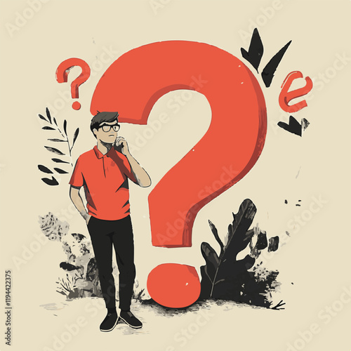 Contemplative Character with Giant Question Mark Vector Illustration