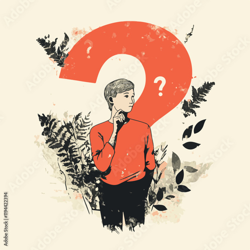 Contemplative Character with Giant Question Mark Vector Illustration