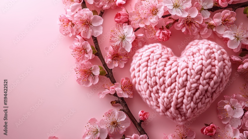 Obraz premium Knitted heart and pink blossoms on pastel background