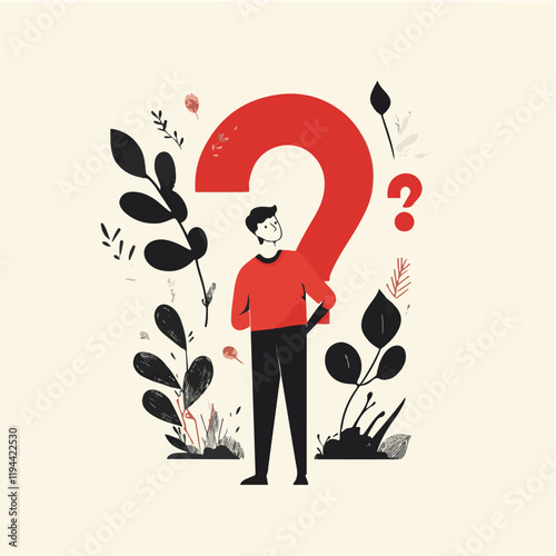 Contemplative Character with Giant Question Mark Vector Illustration