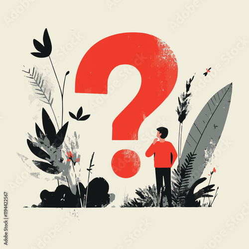 Contemplative Character with Giant Question Mark Vector Illustration