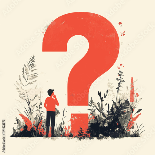 Contemplative Character with Giant Question Mark Vector Illustration