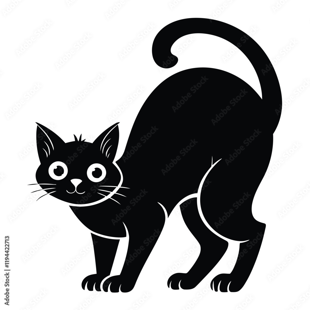 Obraz premium Playful Black Cat Silhouette with Curved Tail and Wide Eyes in a Stretching Pose, Vector Illustration 