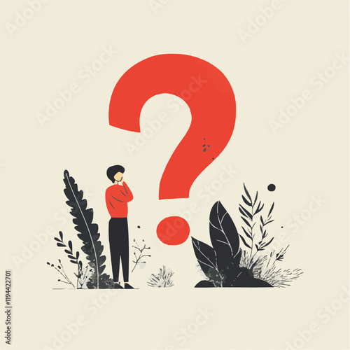 Contemplative Character with Giant Question Mark Vector Illustration