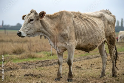 Thin cow standing in the field. Farm animal malnutrition photo