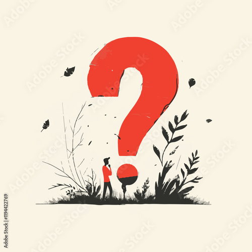 Contemplative Character with Giant Question Mark Vector Illustration