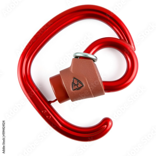 Red screwgate carabiner locked up, isolated on white background. Centered closeup of locking binner done up. Essential climbing gear. photo