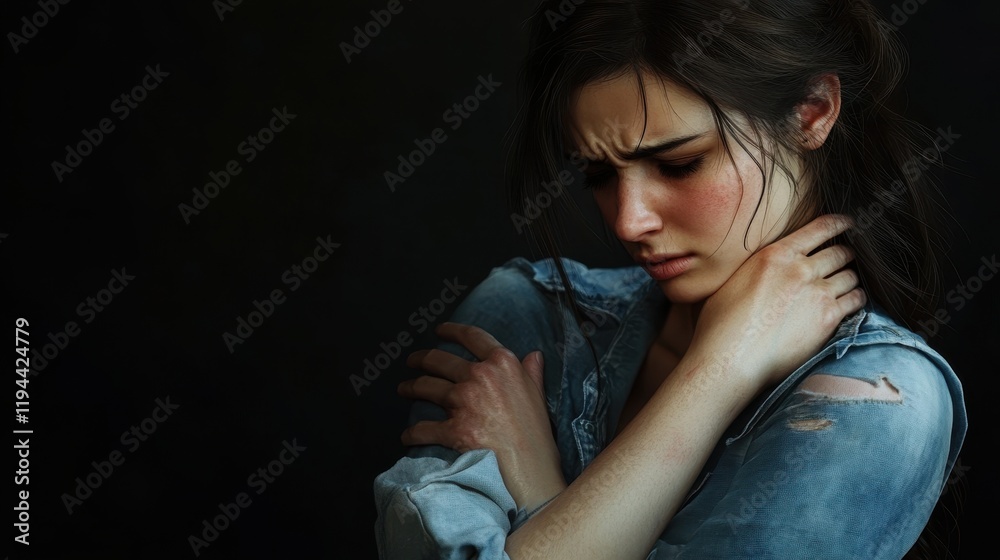 Naklejka premium Young woman in distressed denim shirt looking pensive against dark background