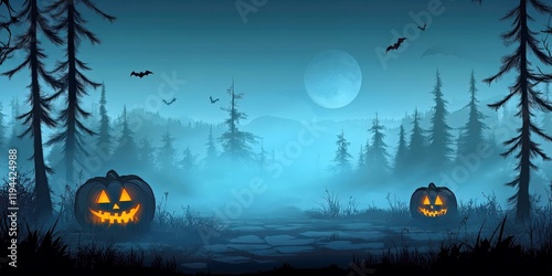 Spooky Halloween night in a forest landscape. Moonlit night with glowing pumpkins under the eerie mist. Silhouetted trees and bats enhance the eerie Halloween atmosphere. Perfect for autumn and