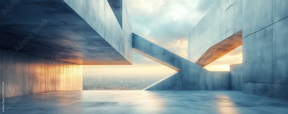 Modern architectural concrete structure with city view at sunrise Modern architectural concrete structure with city view at sunrise