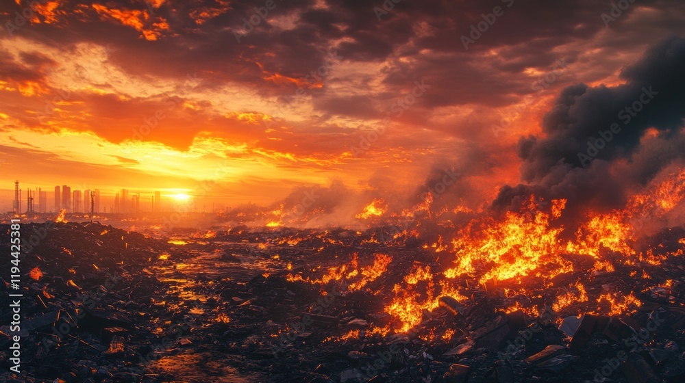 Fototapeta premium A dramatic scene of industrial waste ablaze, with towering flames illuminated by the warm, colorful tones of a stunning sunset sky
