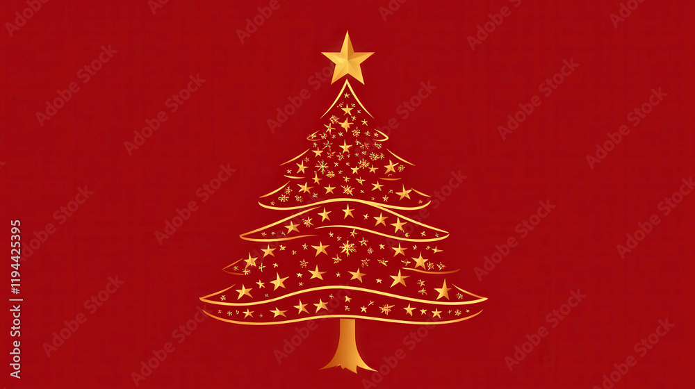 Golden Christmas Tree with Star and Sparkling Ornaments Set Against a Rich Red Background for Holiday Celebrations and Festive Decorations Golden Christmas Tree with Star and Sparkling Ornaments Set Against a Rich Red Background for Holiday Celebrations and Festive Decorations