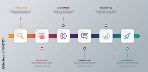 Business infographic template with 6 icons or options for presentation, chart, timeline infographic.