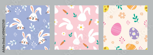 Easter seamless pattern clipart background set. Happy easter continuous poster collection with bunny, eggs and flowers decoration elements clip art. Vector illustration egg hunt wallpaper set. 
