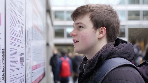 Close-up of a person intently examining a job listings board, with the board in sharp focus and a blurred background, highlighting the person's concentration and interest in job opportunities. photo