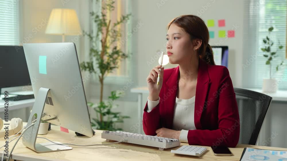 Young businesswoman wearing a red jacket and white shirt is sitting at her desk in a modern office, working on a computer and thinking with a pen in her hand Young businesswoman wearing a red jacket and white shirt is sitting at her desk in a modern office, working on a computer and thinking with a pen in her hand