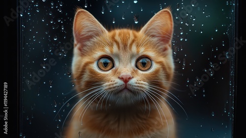 A Ginger Kitten Gazing Through a Rain-Streaked Window