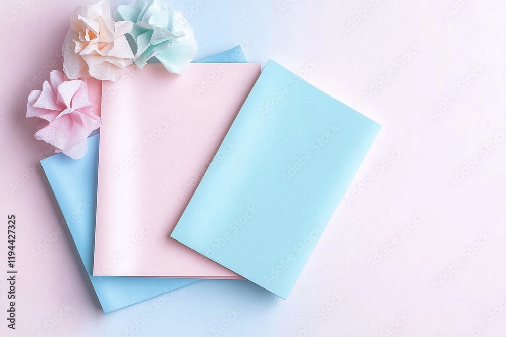 Three sheets of paper with pink and blue colors are stacked on top of each other Three sheets of paper with pink and blue colors are stacked on top of each other