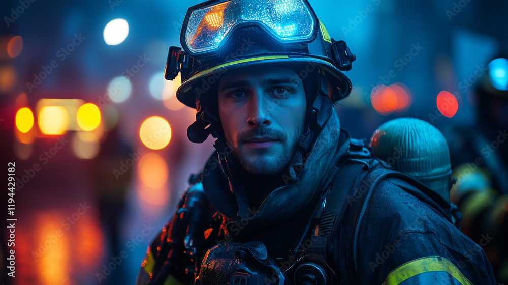 Epic portrait of a firefighter in full equipment Epic portrait of a firefighter in full equipment