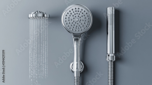 Wallpaper Mural Metal shower head and tap with falling water isolated on transparent background. Vector realistic set of chrome sprinkler with hose and faucet with water spray. Equipment for douche and bath Torontodigital.ca