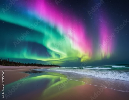 Aurora Borealis Beach Nightscape: Vibrant Northern Lights Reflecting on Ocean Waves at Night
