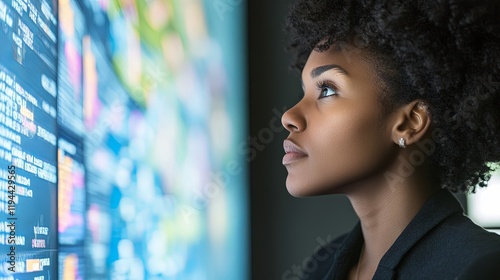 Close-up of a person intently examining a job listings board, with the board in sharp focus and a blurred background, highlighting the person's concentration and interest in job opportunities. photo