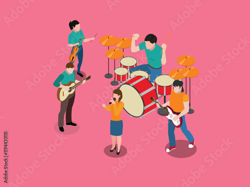 Band Performance with Musicians and Instruments 3d isometric vector illustration