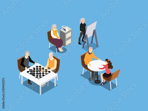 Senior Community Engagement Activities - Chess, Art, and Intergenerational Interaction 3d isometric vector illustration