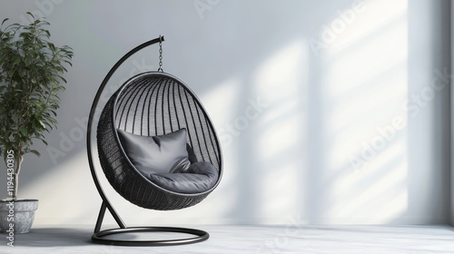 Swing chair with pillow hanged and on rack set realistic vector illustration. Black metallic wicker cocoon garden comfortable furniture for summer outdoor relaxation backyard terrace seat with cushion
