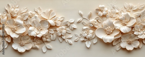 Elegant beige floral relief with leaves and blooms in symmetrical arrangement