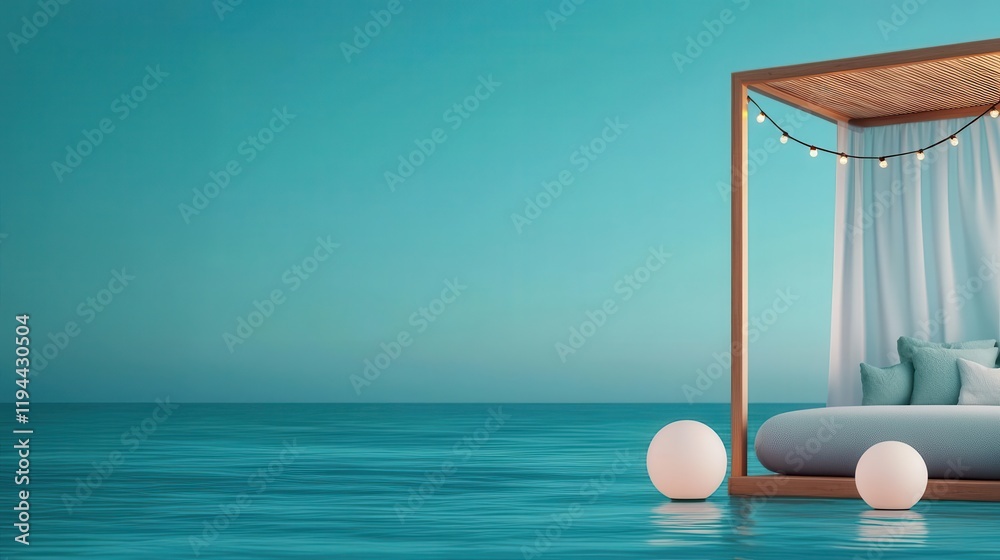 A serene beach scene featuring a stylish canopied bed on calm turquoise waters, evoking relaxation and tranquility. A serene beach scene featuring a stylish canopied bed on calm turquoise waters, evoking relaxation and tranquility.