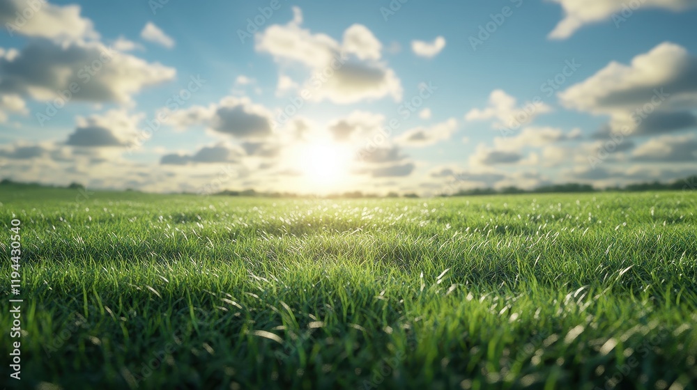 Sunlit green field with blue sky and clouds in the morning Sunlit green field with blue sky and clouds in the morning