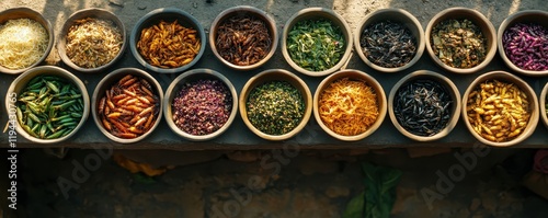 Assorted edible insects and spices in clay bowls on rustic table photo