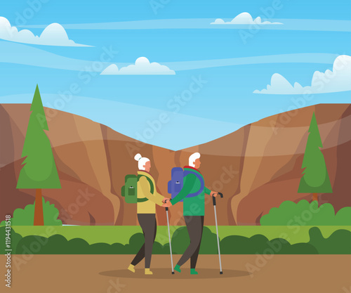 Senior Couple Hiking in a Scenic Mountain Landscape 2d flat vector illustrations