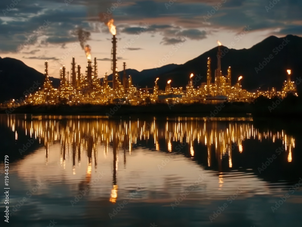 Naklejka premium Industrial nightscape oil refinery natural landscape reflection energy production