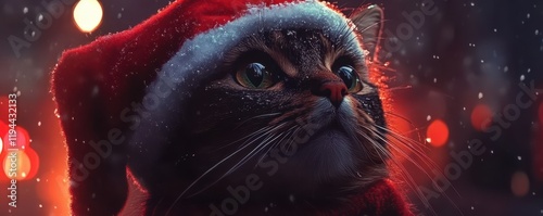 Cozy cat in santa hat enjoying winter snowfall with festive lights