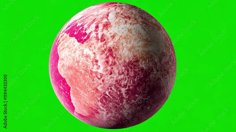 Pink Alien Planet on Green Screen: A vibrant, otherworldly planet, predominantly pink with swirling white and crimson patterns, is presented against a bright green screen. Pink Alien Planet on Green Screen: A vibrant, otherworldly planet, predominantly pink with swirling white and crimson patterns, is presented against a bright green screen.