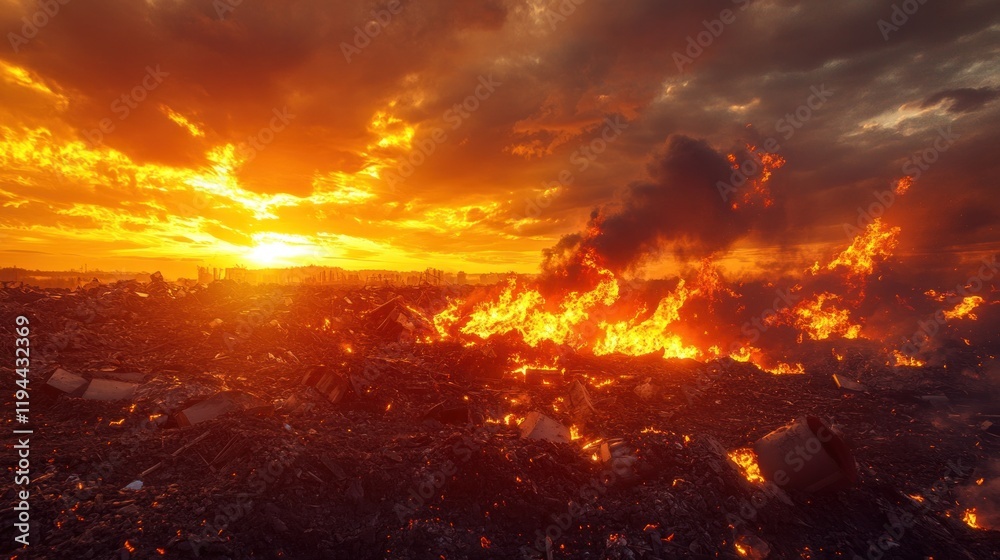 A powerful visual of intense flames consuming industrial waste, with a fiery glow lighting up the area under a mesmerizing sunset sky A powerful visual of intense flames consuming industrial waste, with a fiery glow lighting up the area under a mesmerizing sunset sky