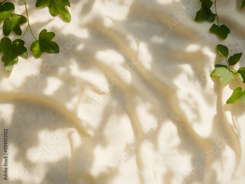 Soft muslin fabric with overlapping shadows and green leaves