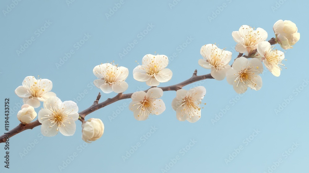 Delicate white plum blossoms on branch against soft blue sky Delicate white plum blossoms on branch against soft blue sky