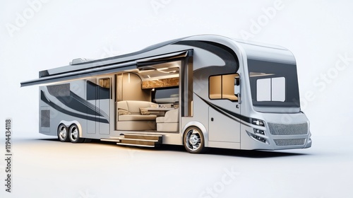 A sleek graphic design of a motorhome with cutaway sections revealing a luxurious interior layout, emphasizing its features, set against a white background