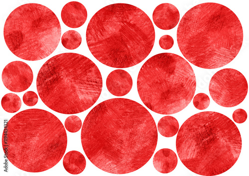 Set of circles of different sizes. Red color. Isolated on white background. Circles are filled with texture of strokes of colored pencils. Have different shades from light to dark red.