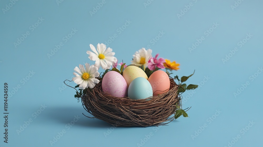 Colored Easter Eggs in a Nest with Spring Flowers on Blue Background. Happy Easter Concept Design for Spring Greeting Card, Poster, and Ads Colored Easter Eggs in a Nest with Spring Flowers on Blue Background. Happy Easter Concept Design for Spring Greeting Card, Poster, and Ads