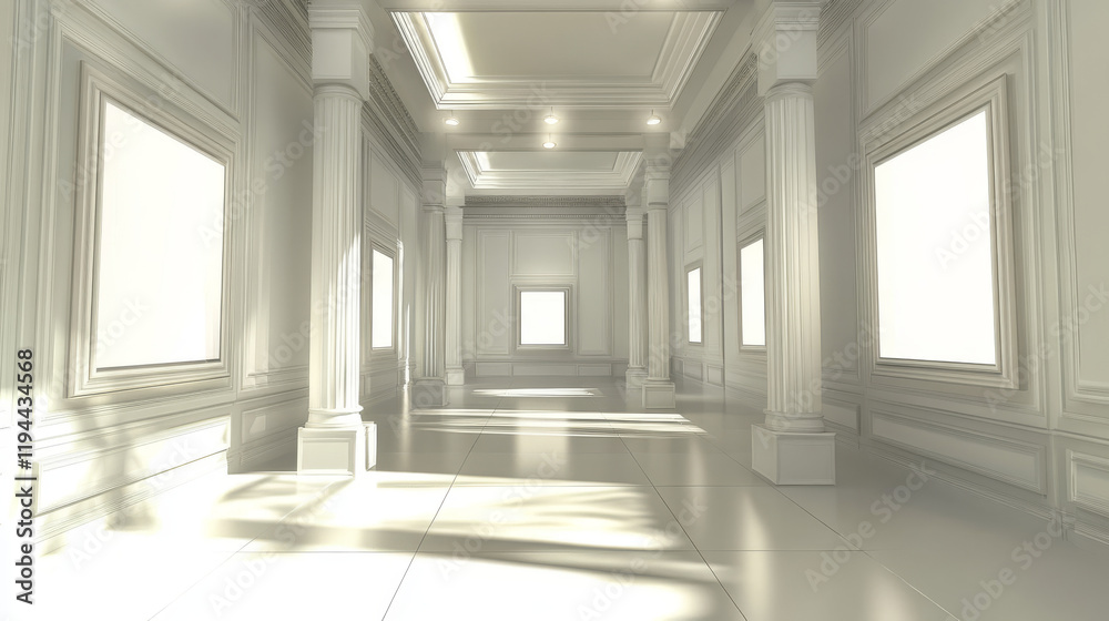 Fototapeta premium White empty art gallery, abstract room background. Museum exhibition hall 3d render. interior with blank frames hanging on walls and pillars, spotlights on ceiling, Realistic vector illustration